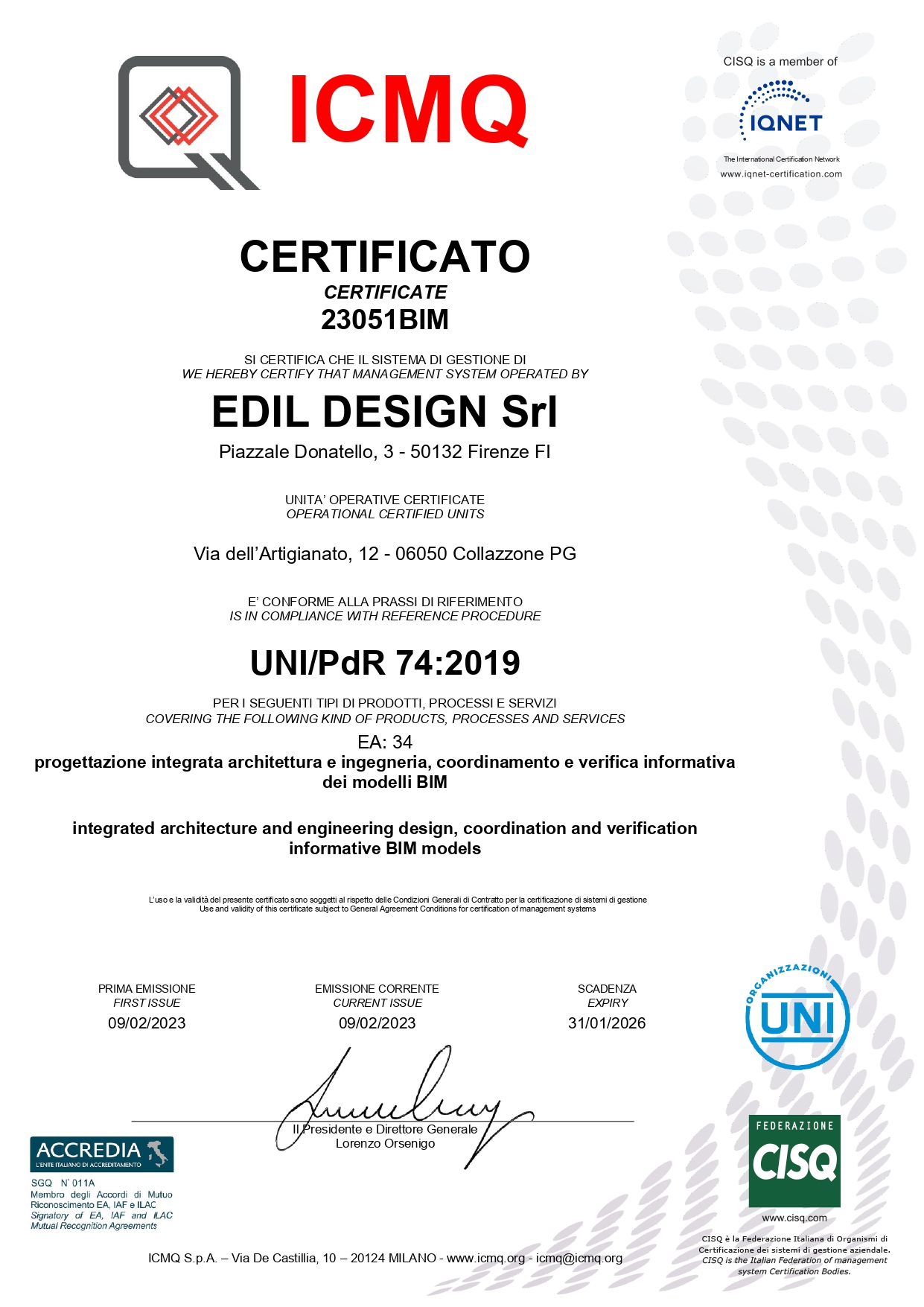 Certificato N. 23051BIM UNI/PdR 74:2019